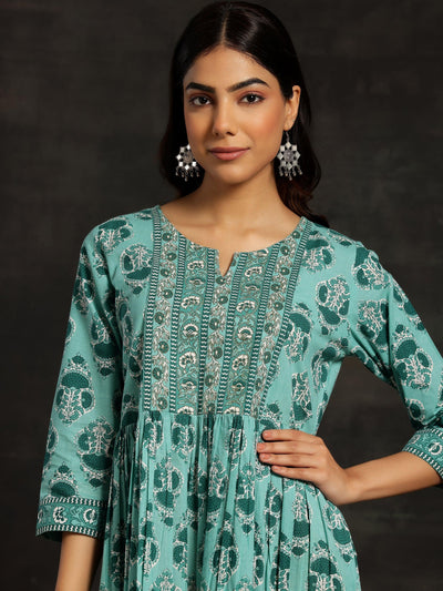 Sea Green Printed Cotton Fit and Flare Dress - ShopLibas