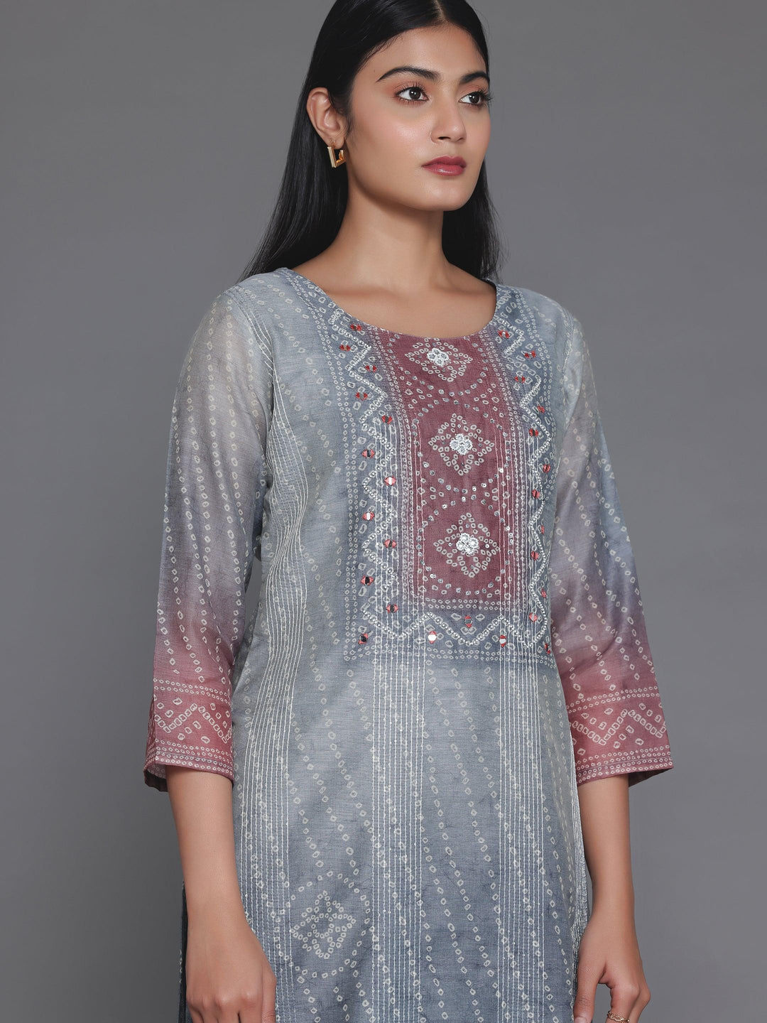 Grey Embellished Chanderi Silk Straight Kurta