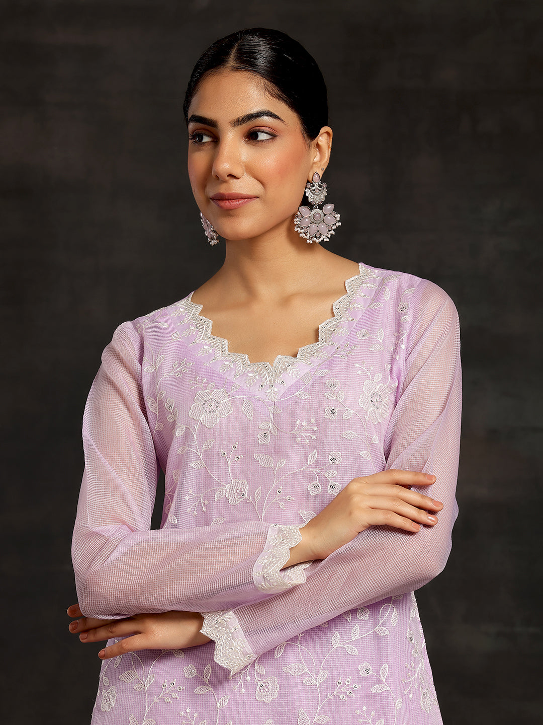 Lavender Embroidered Cotton Straight Suit With Dupatta