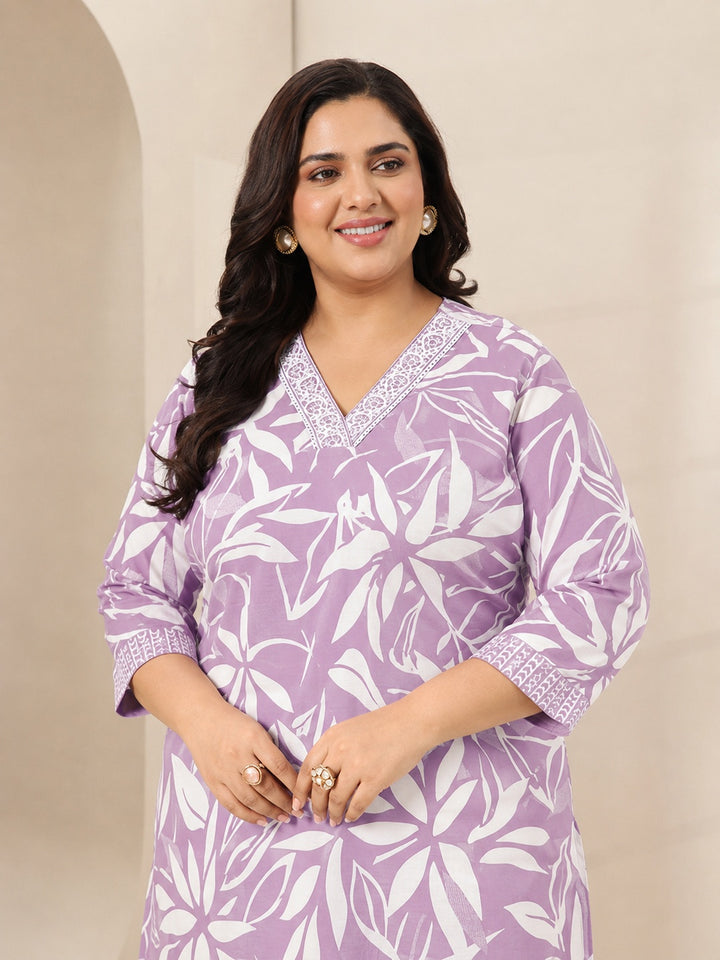 Plus Size Mauve Floral Printed Cotton Blend Straight Suit Set