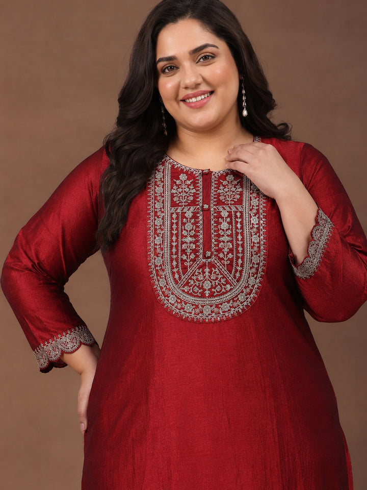 Plus Size Maroon Embroidered Silk Straight Kurta