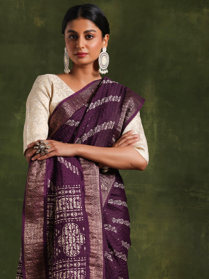 Purple Printed Silk Blend Saree With Unstitched Blouse Piece - Libas