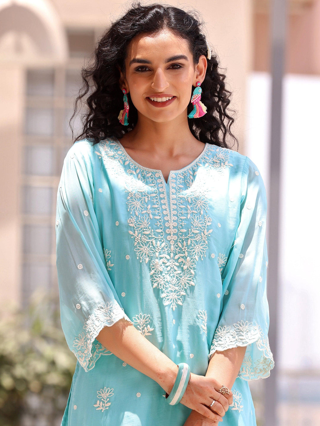 Turquoise Embroidered Silk Blend Co-Ords