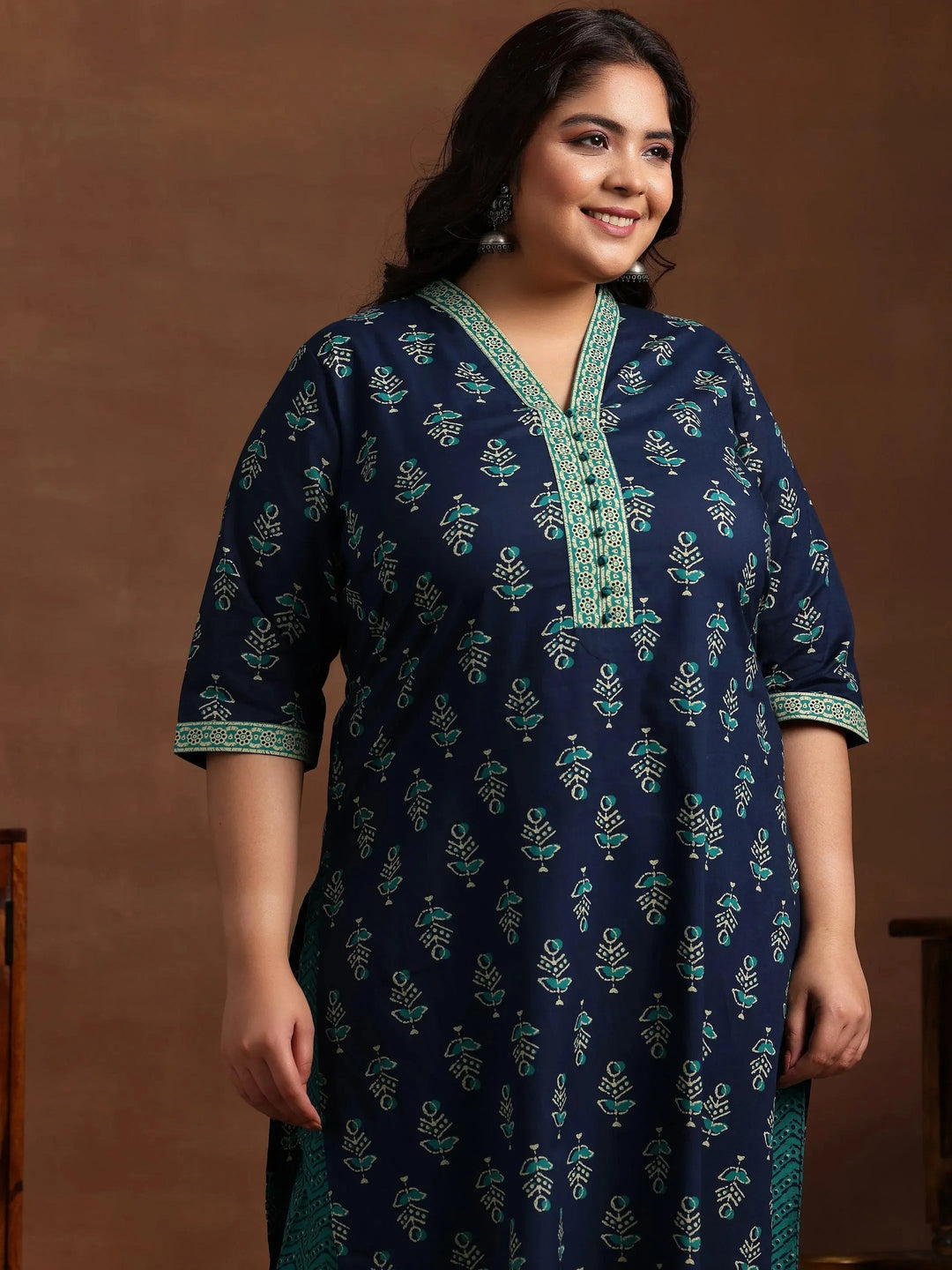 Plus Size Blue Printed Cotton Straight Suit With Dupatta