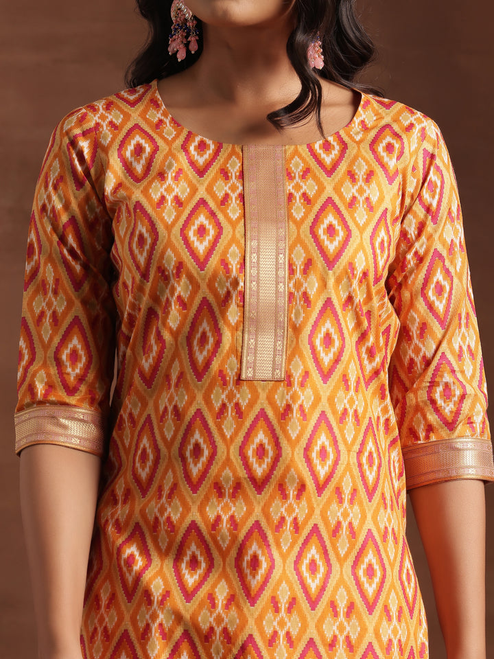 Orange Printed Cotton Straight Suit With Dupatta