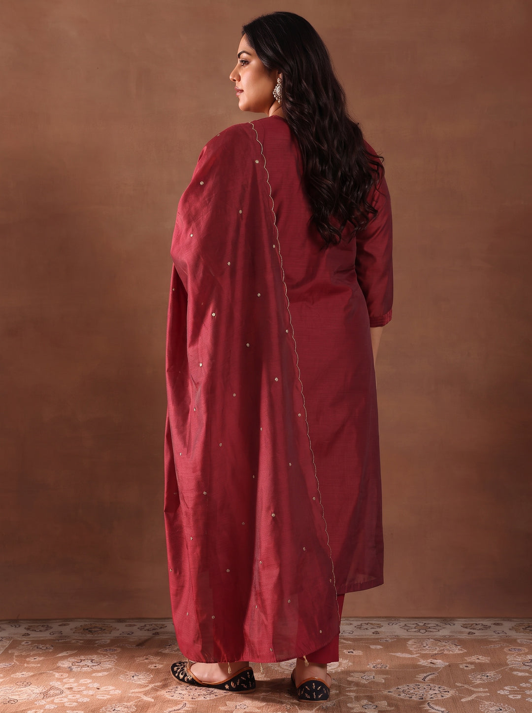 Plus Size Maroon Floral Embroidered Silk Blend Straight Suit Set