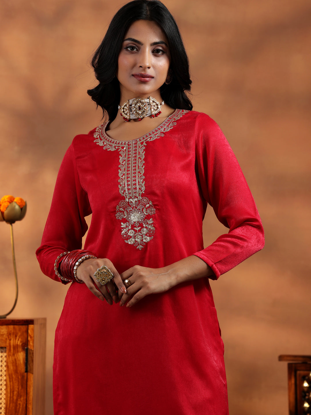 Red Embroidered Velvet Co-Ords