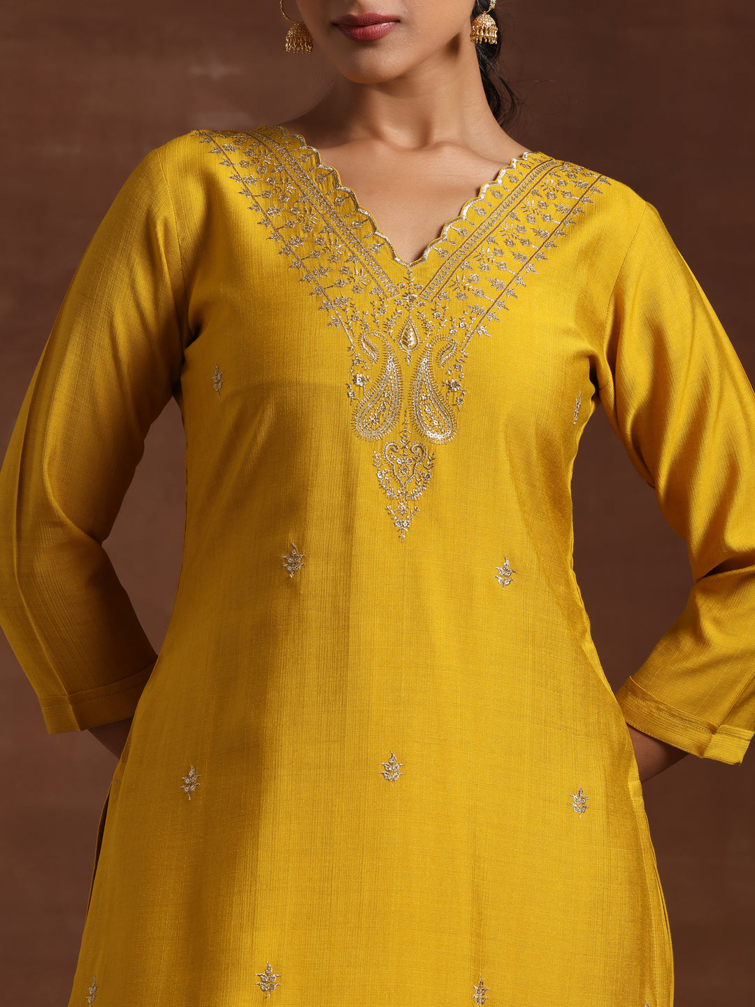 Mustard Embroidered Silk Blend  Straight Suit Set With Dupatta