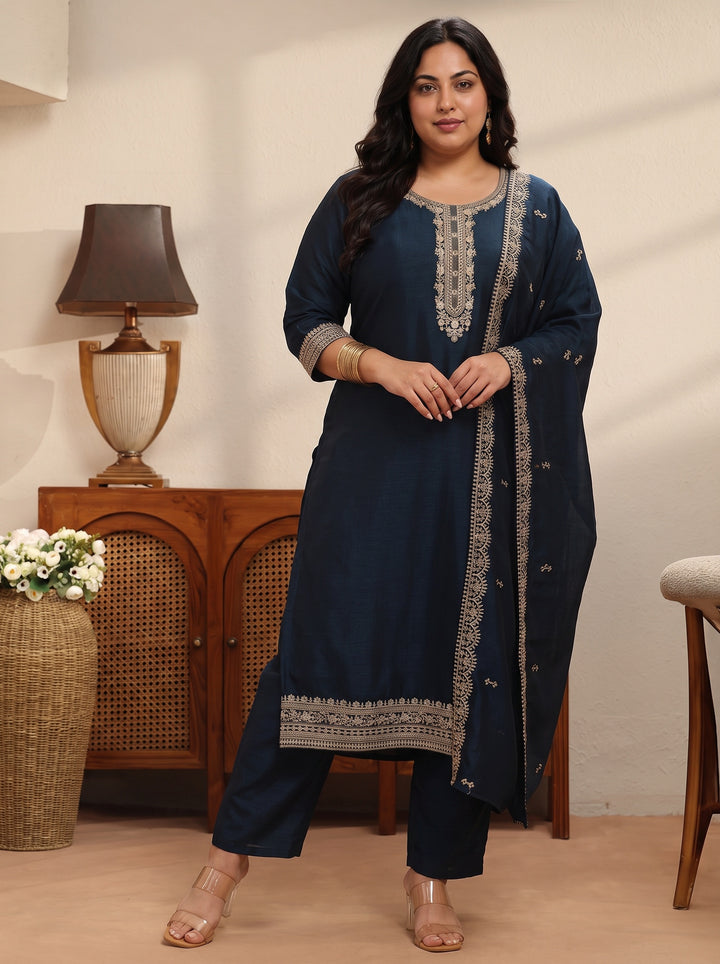 Plus Size Navy Blue Yoke Deisgn Silk Blend Straight Suit Set