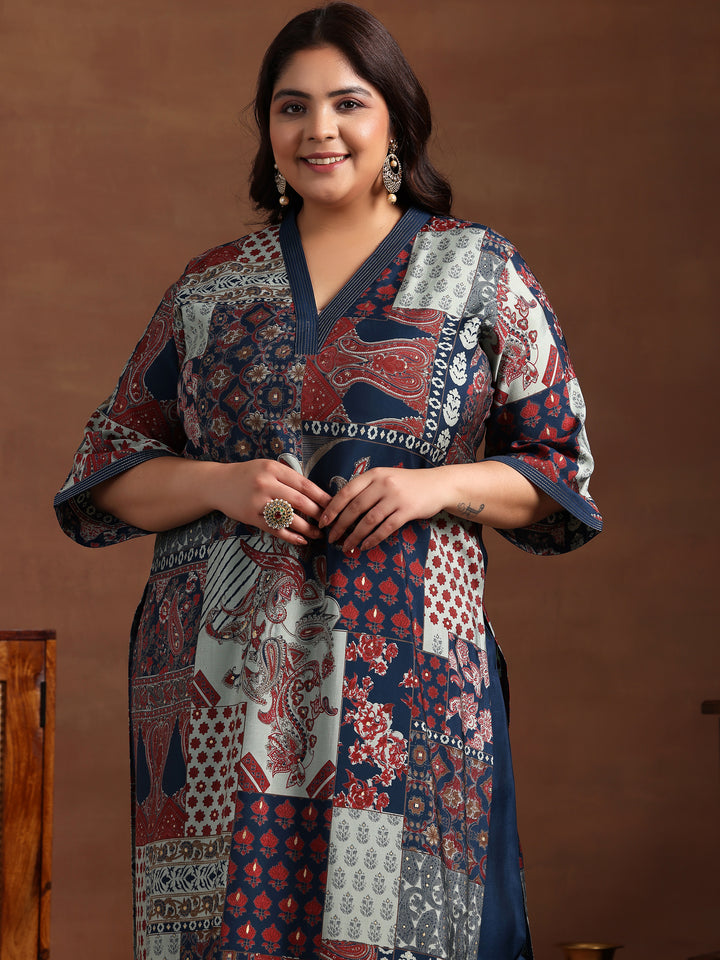 Plus Size Blue Printed Silk Blend Straight Suit With Dupatta