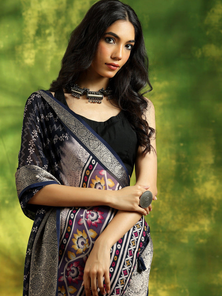 Blue Printed Silk Blend Saree With Unstitched Blouse Piece - Libas
