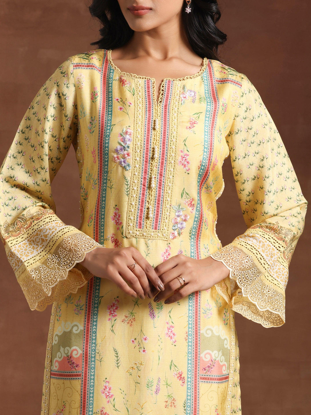 Yellow Printed Silk Blend Straight Suit With Dupatta