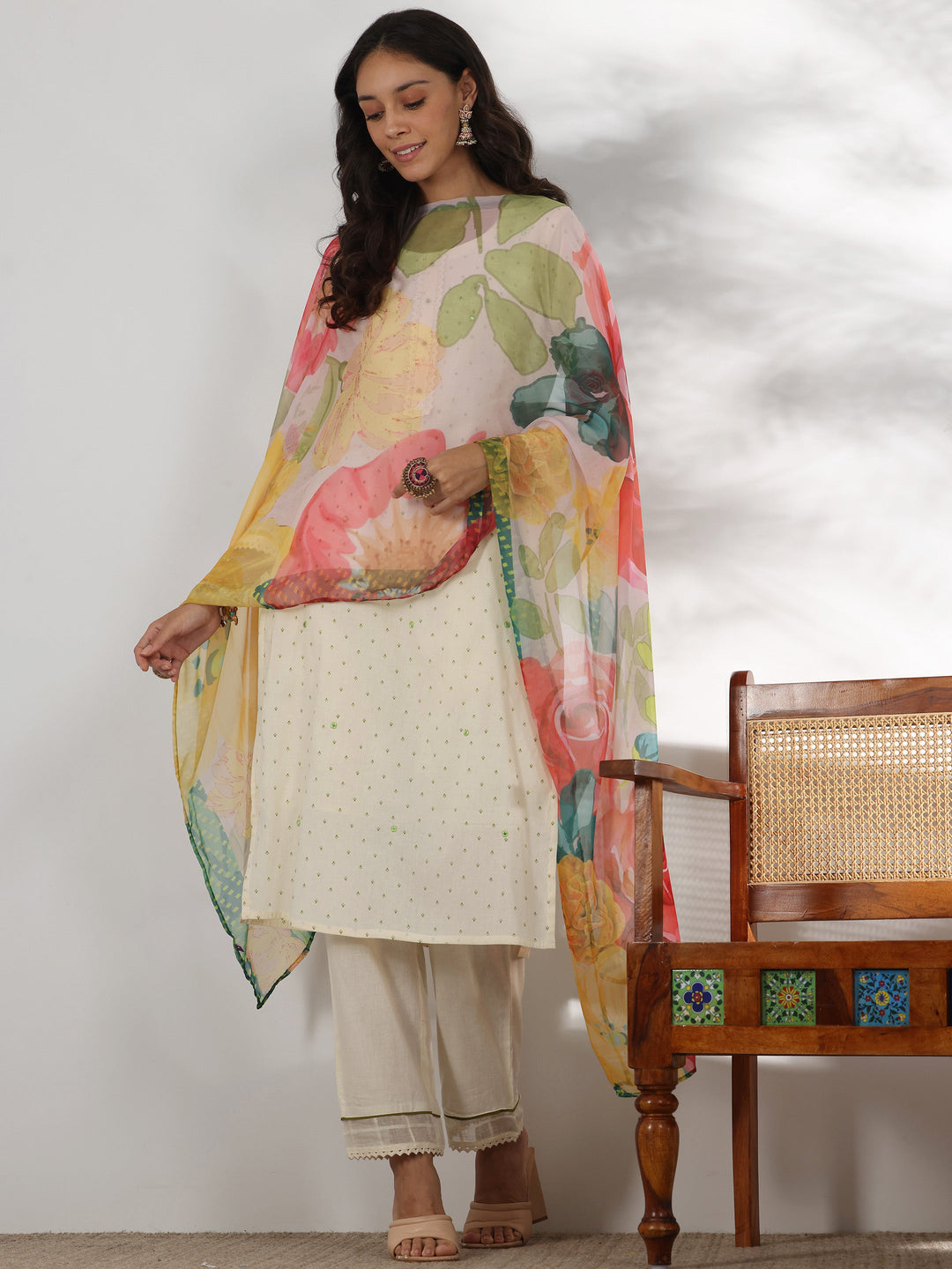 Off white Printed Cotton Straight Suit With Dupatta
