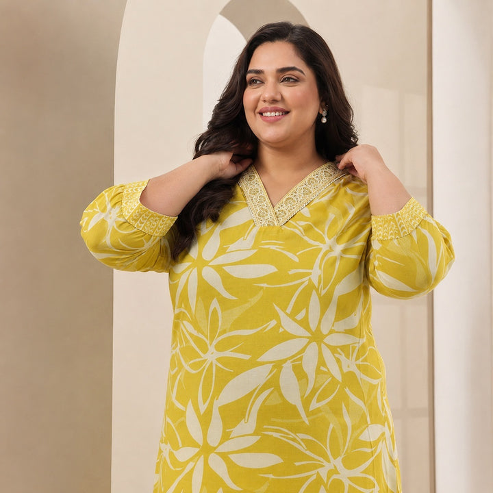 Plus Size Yellow Floral Printed Cotton Blend Straight Suit Set