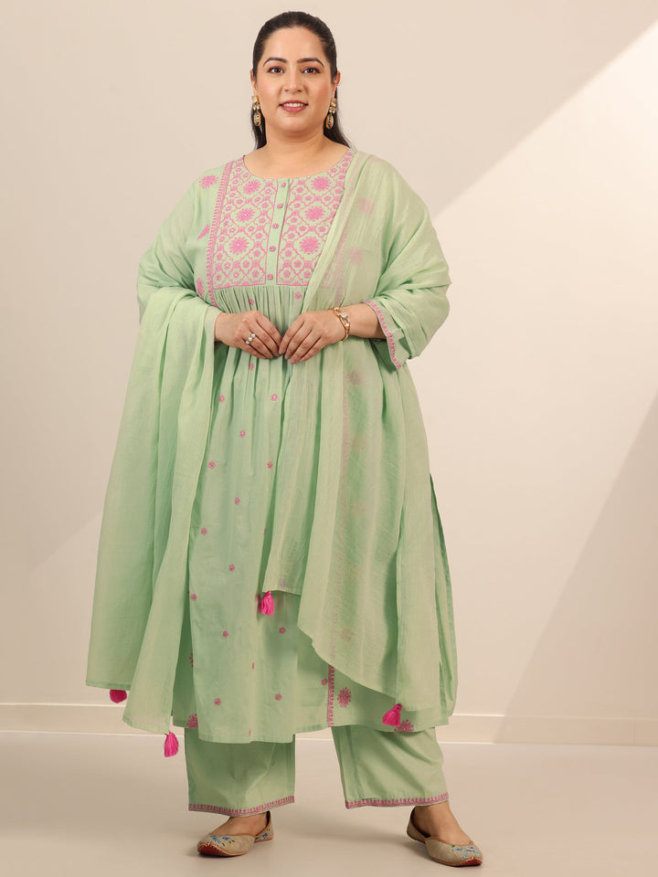 Plus Size Green Embroidered Cotton Straight Suit Set With Dupatta