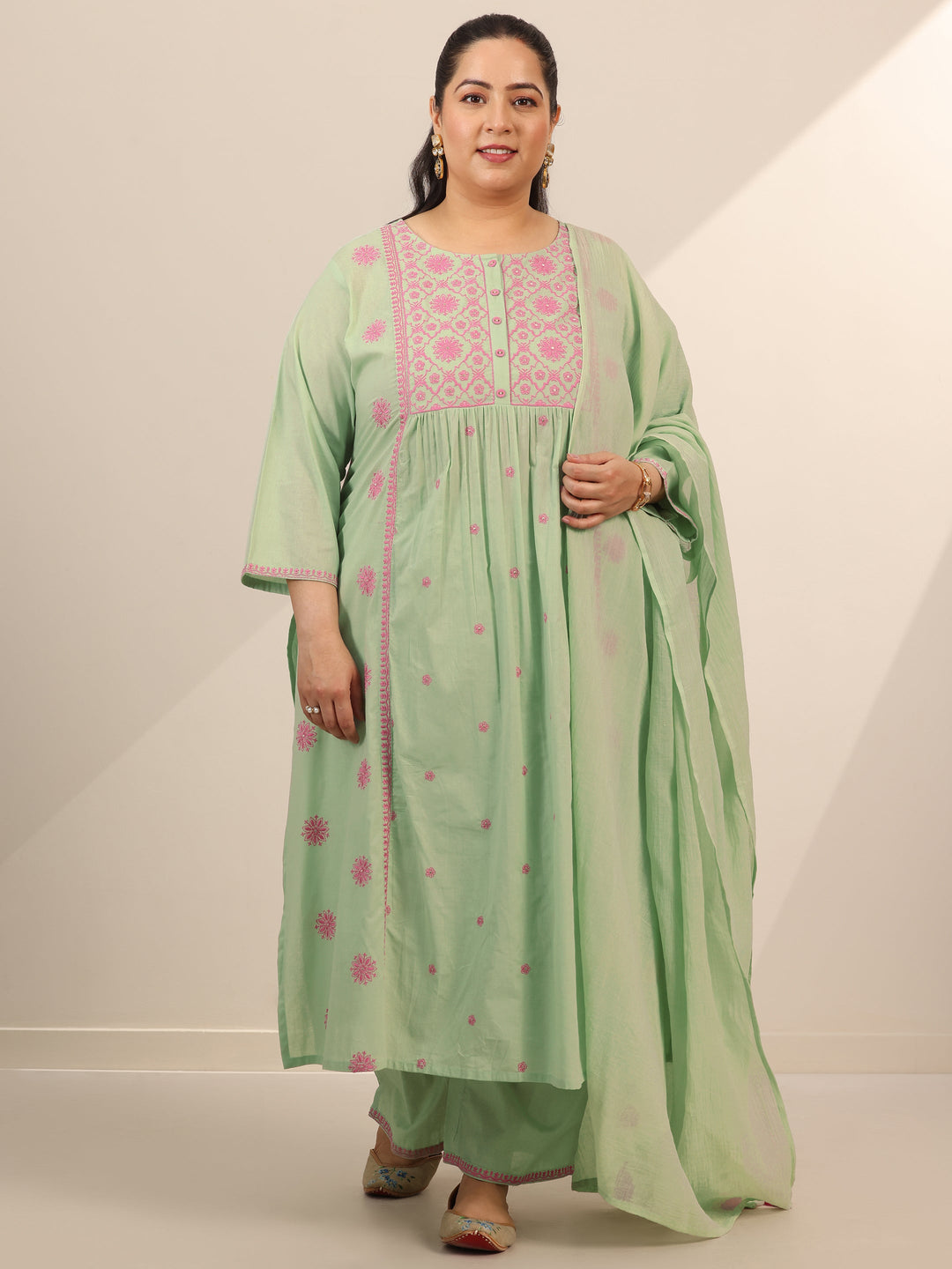 Plus Size Green Embroidered Cotton Straight Suit Set With Dupatta