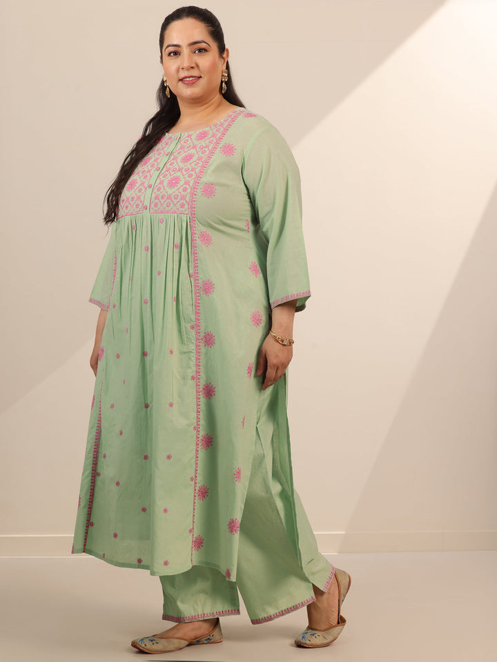Plus Size Green Embroidered Cotton Straight Suit Set With Dupatta