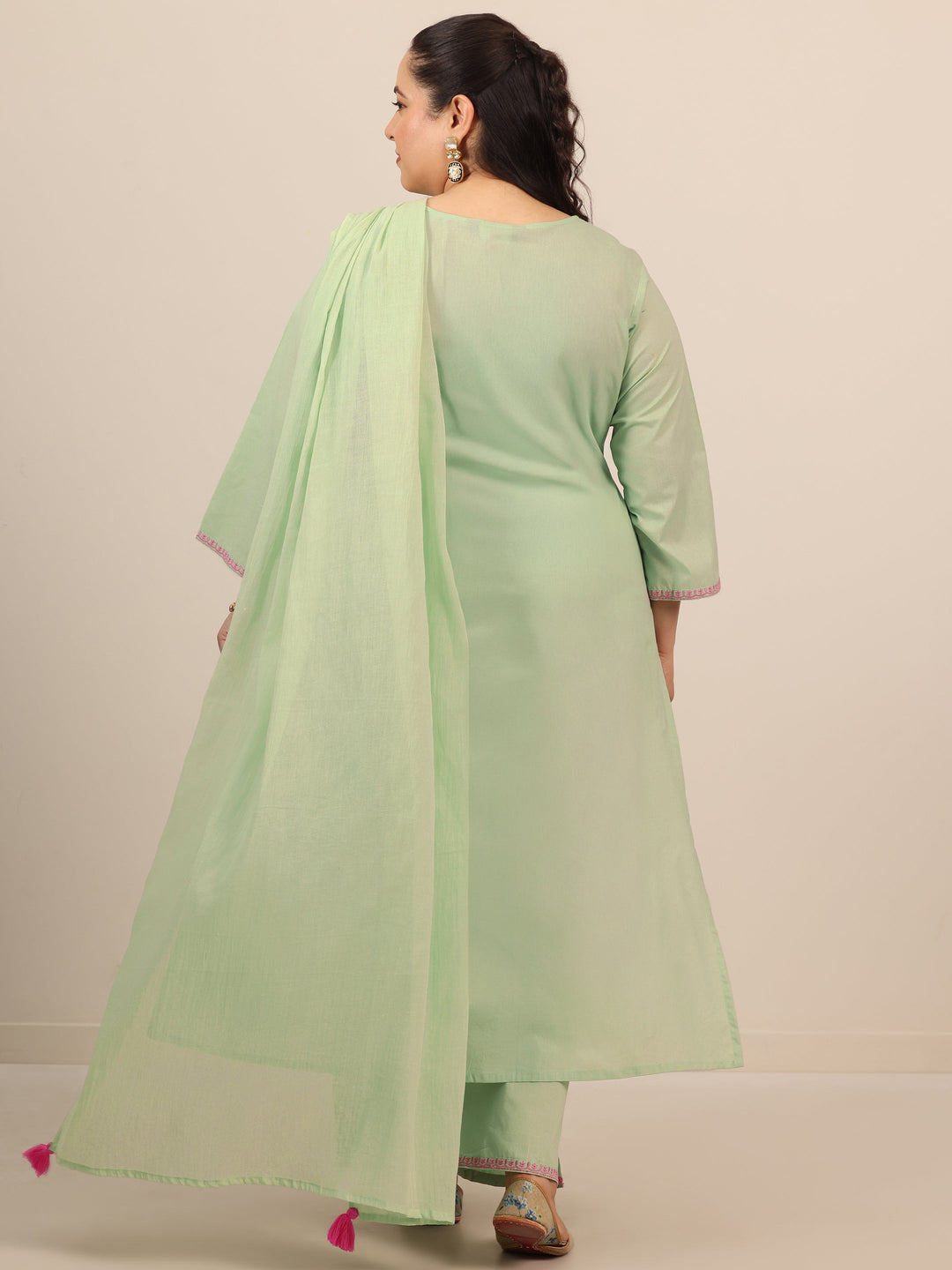 Plus Size Green Embroidered Cotton Straight Suit Set With Dupatta