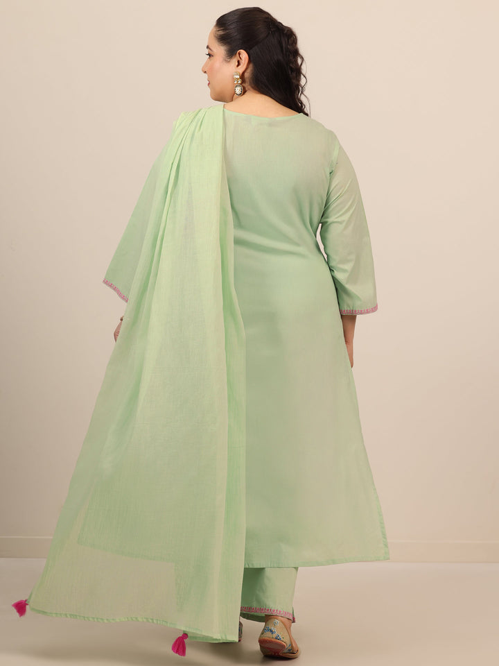 Plus Size Green Embroidered Cotton Straight Suit Set With Dupatta