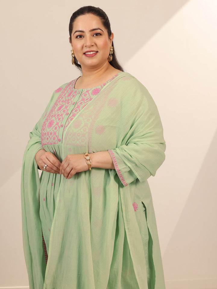 Plus Size Green Embroidered Cotton Straight Suit Set With Dupatta