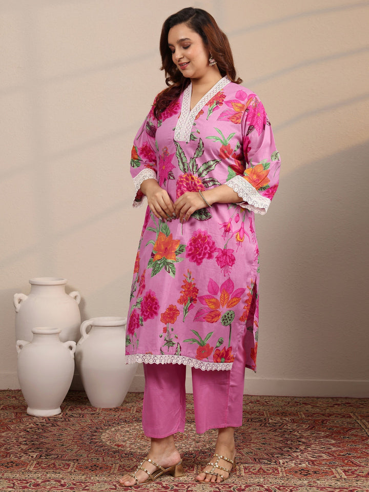 Plus Size Pink Printed Cotton Straight Suit Set With Dupatta