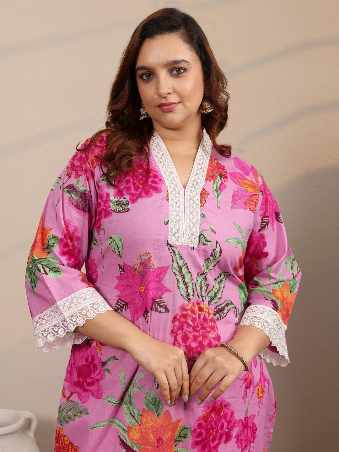 Plus Size Pink Printed Cotton Straight Suit Set With Dupatta