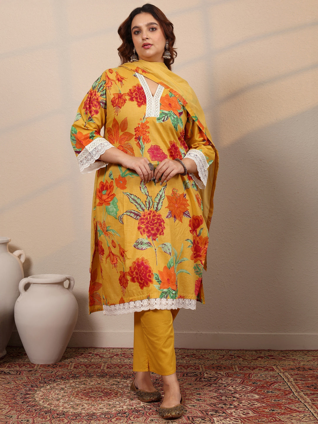Plus Size Yellow Printed Cotton Straight Suit Set With Dupatta