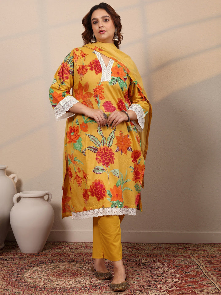 Plus Size Yellow Printed Cotton Straight Suit Set With Dupatta