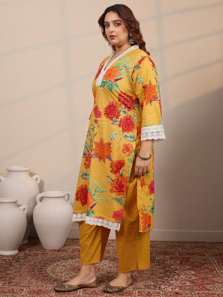 Plus Size Yellow Printed Cotton Straight Suit Set With Dupatta