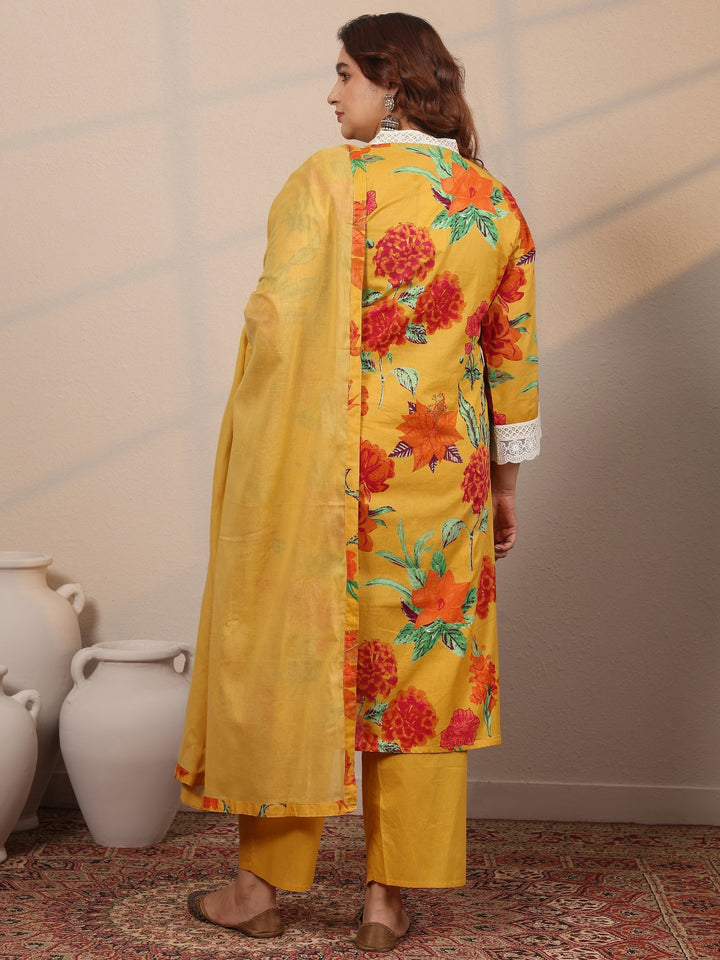 Plus Size Yellow Printed Cotton Straight Suit Set With Dupatta