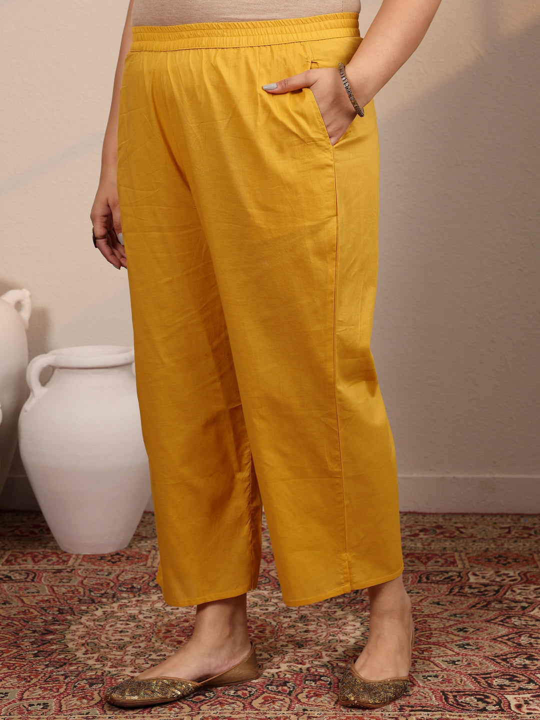 Plus Size Yellow Printed Cotton Straight Suit Set With Dupatta