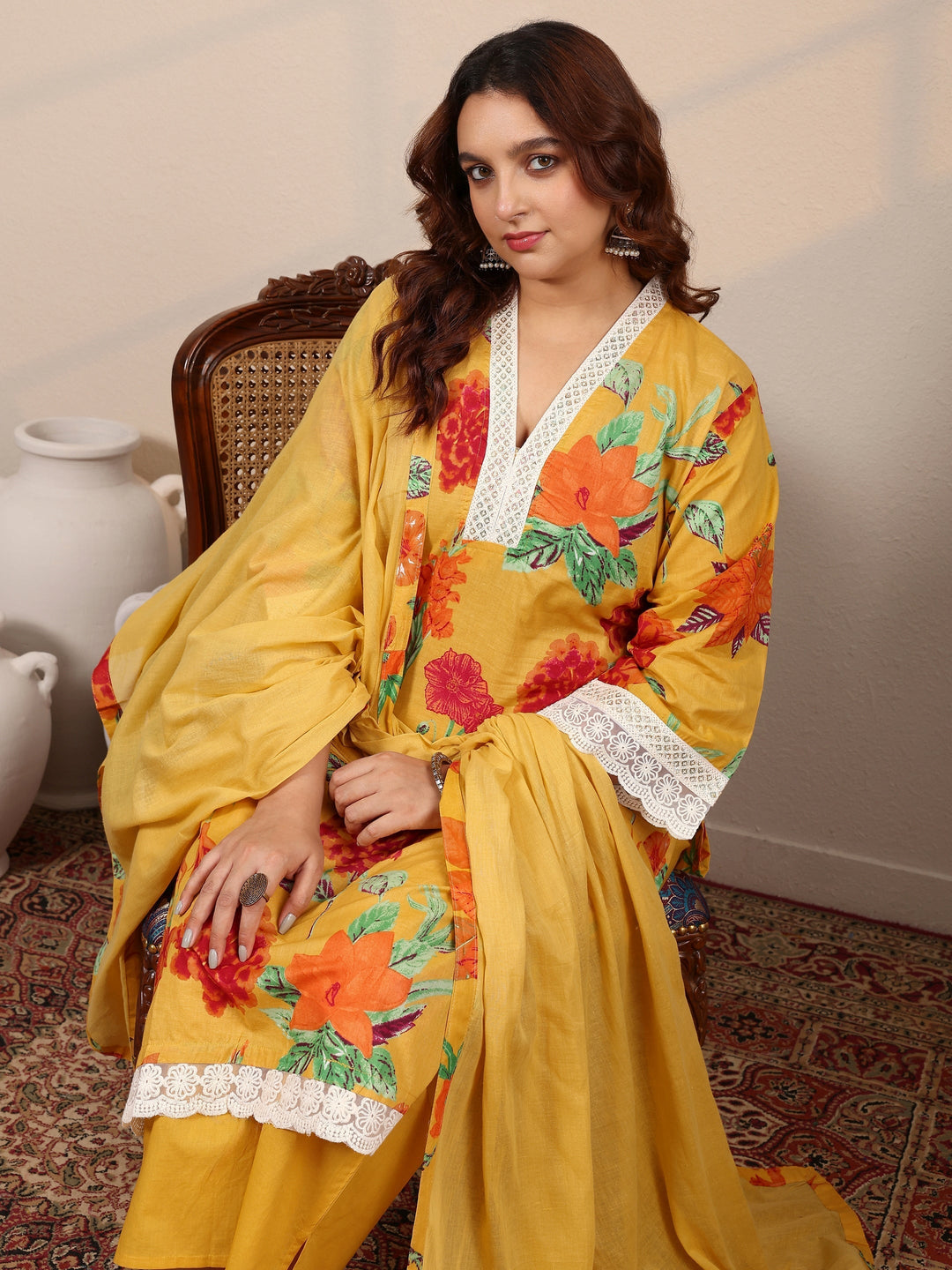 Plus Size Yellow Printed Cotton Straight Suit Set With Dupatta