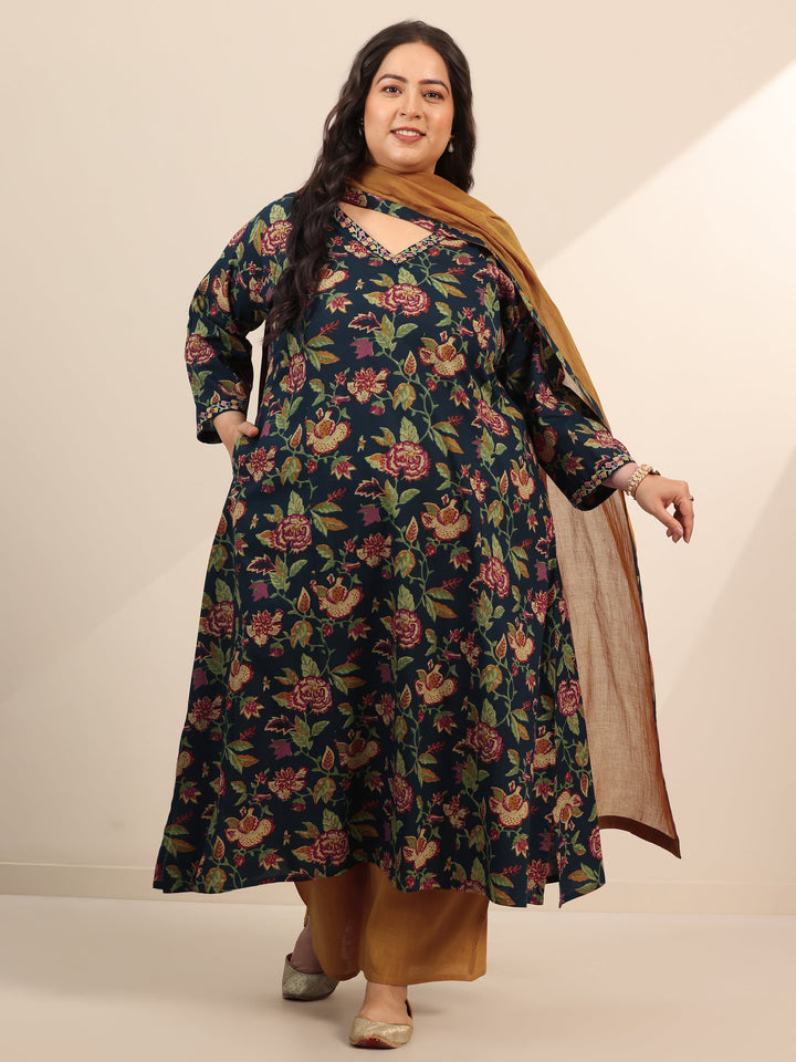Plus Size Blue Printed Cotton Straight Suit Set With Dupatta