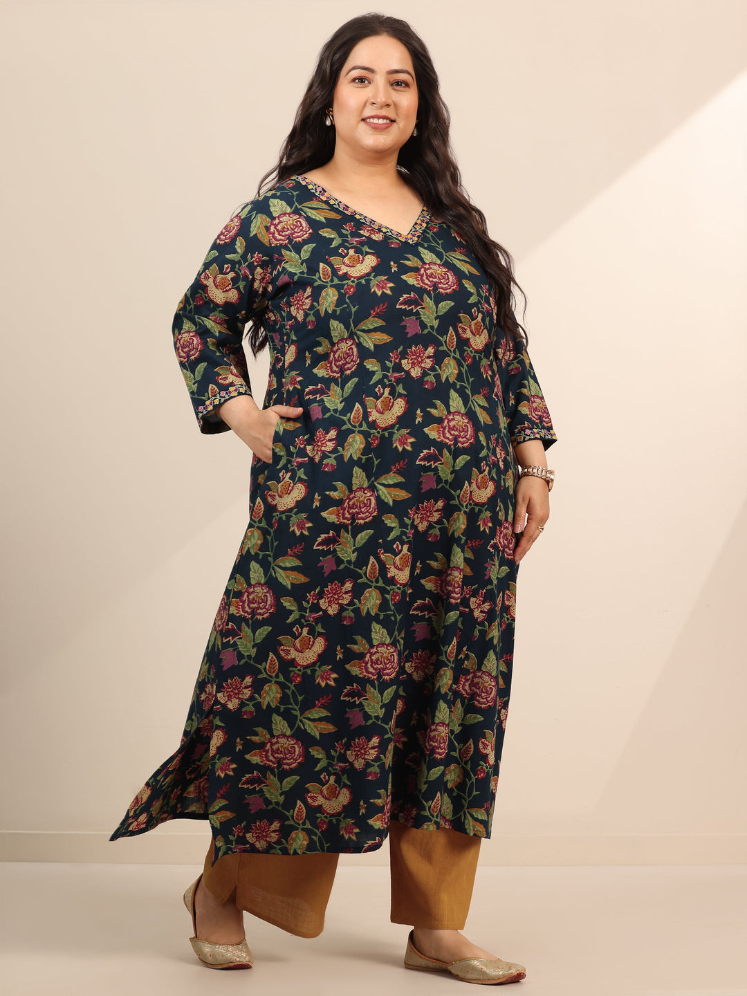 Plus Size Blue Printed Cotton Straight Suit Set With Dupatta