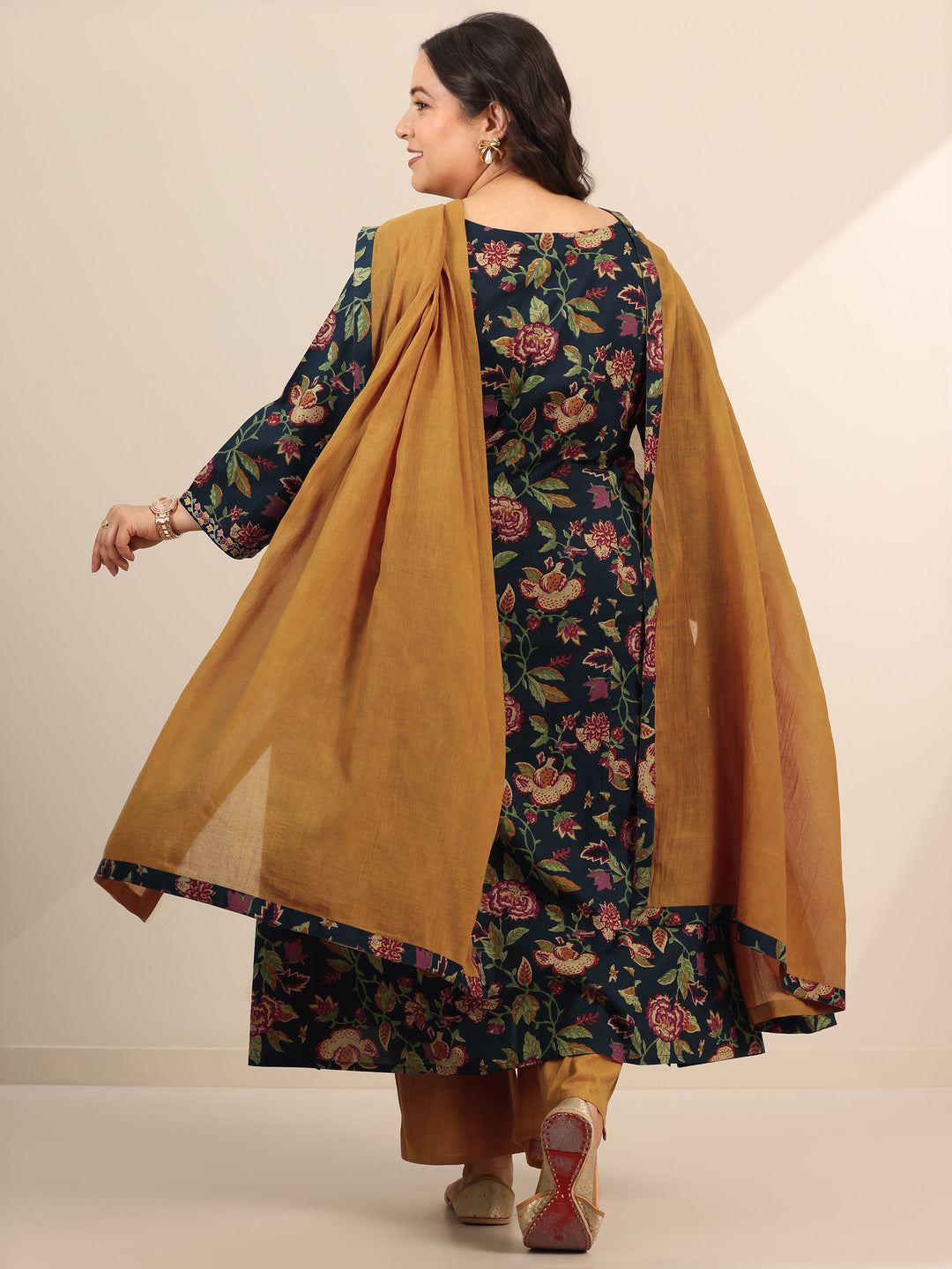 Plus Size Blue Printed Cotton Straight Suit Set With Dupatta
