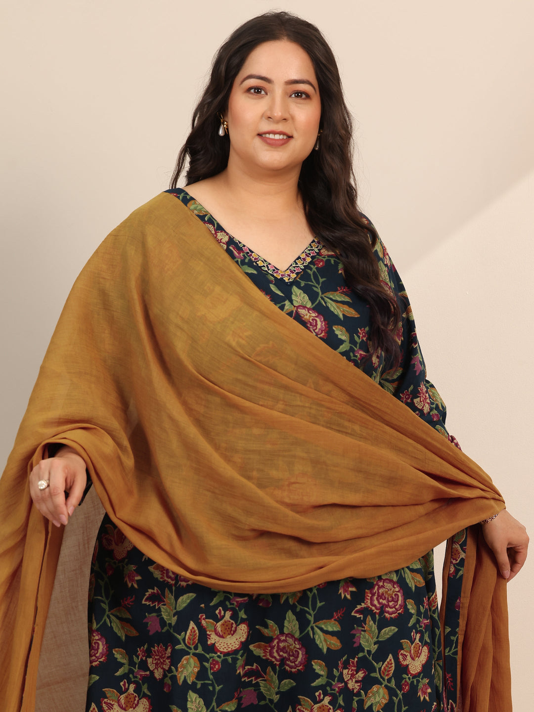 Plus Size Blue Printed Cotton Straight Suit Set With Dupatta