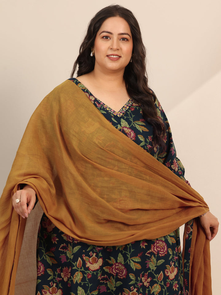 Plus Size Blue Printed Cotton Straight Suit Set With Dupatta