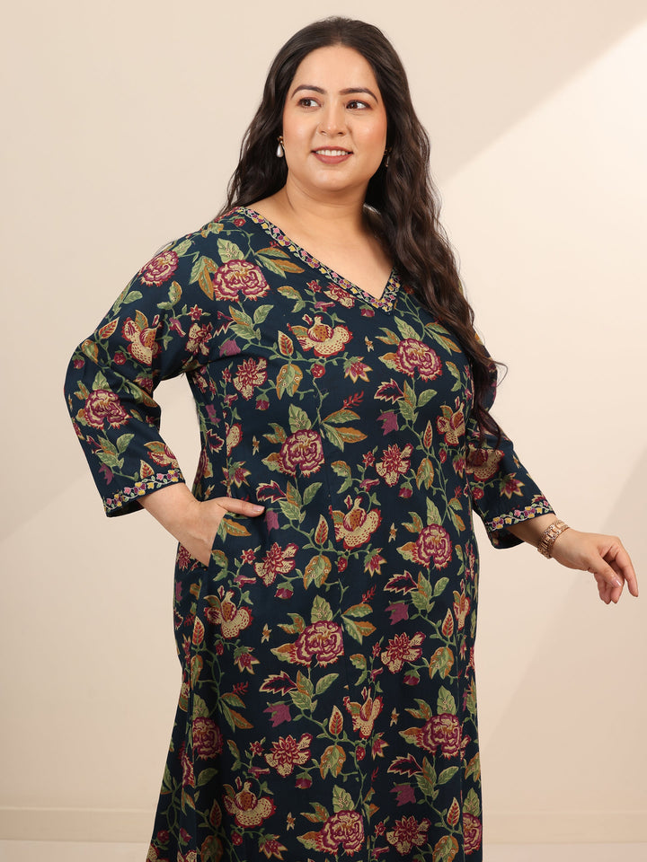 Plus Size Blue Printed Cotton Straight Suit Set With Dupatta