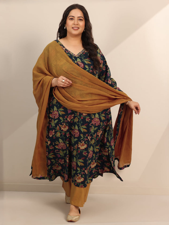 Plus Size Blue Printed Cotton Straight Suit Set With Dupatta