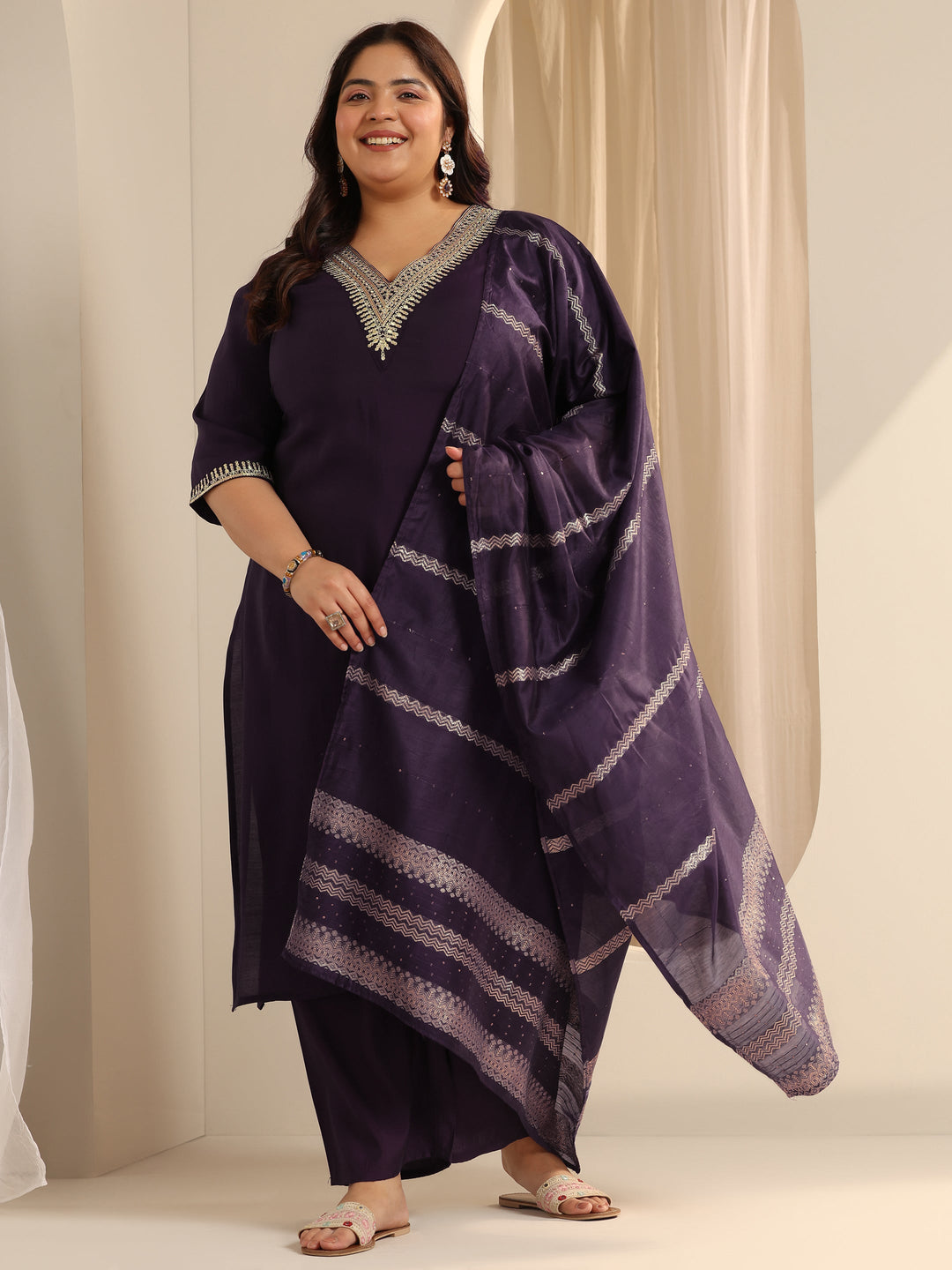 Burgundy Yoke Design Silk blend Straight Suit Set With Dupatta