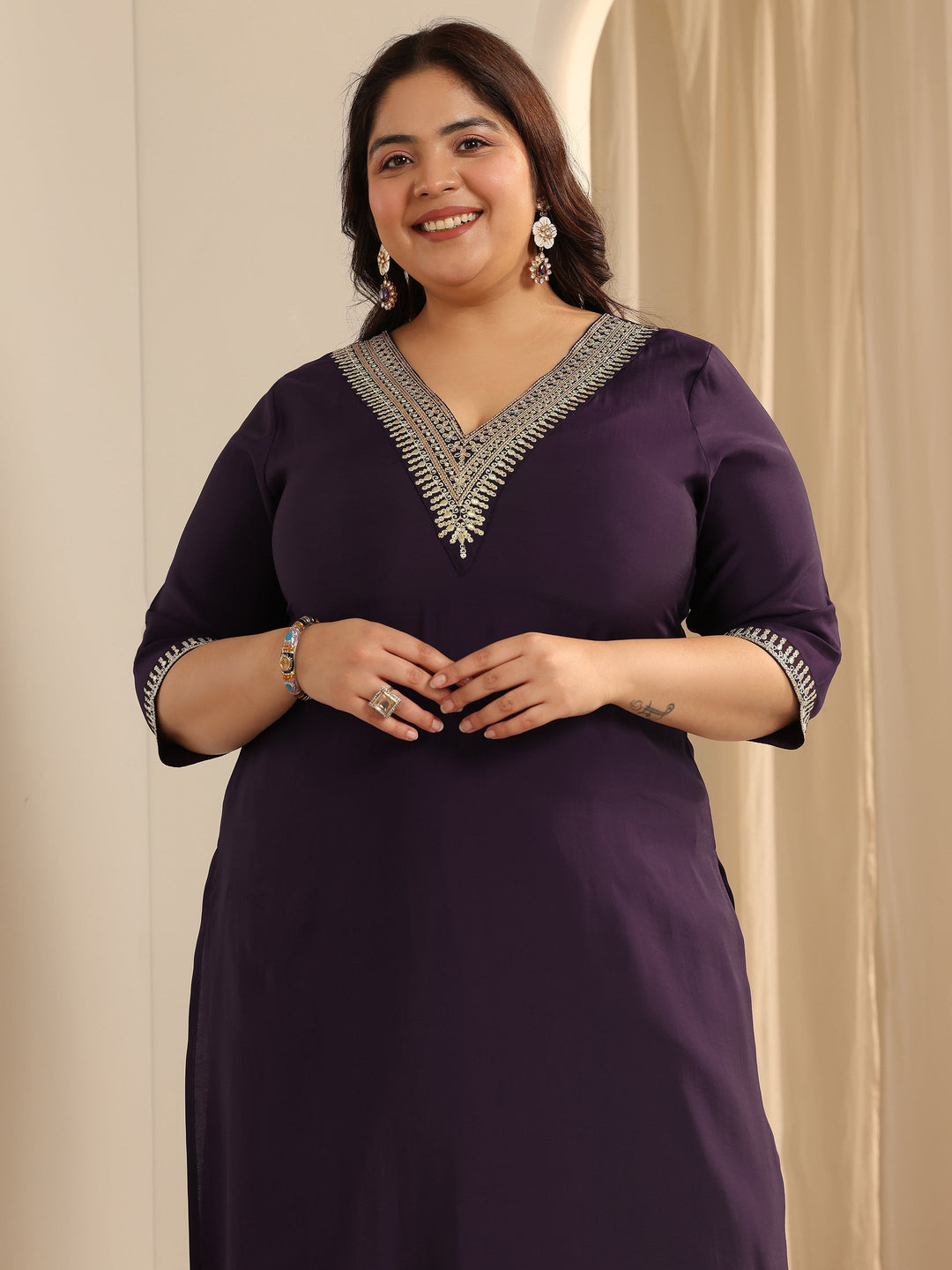 Burgundy Yoke Design Silk blend Straight Suit Set With Dupatta