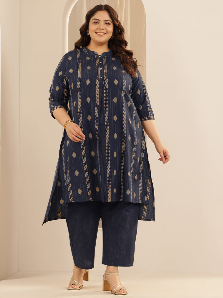 Plus Size Blue Woven Design Cotton Blend Straight Kurta Set