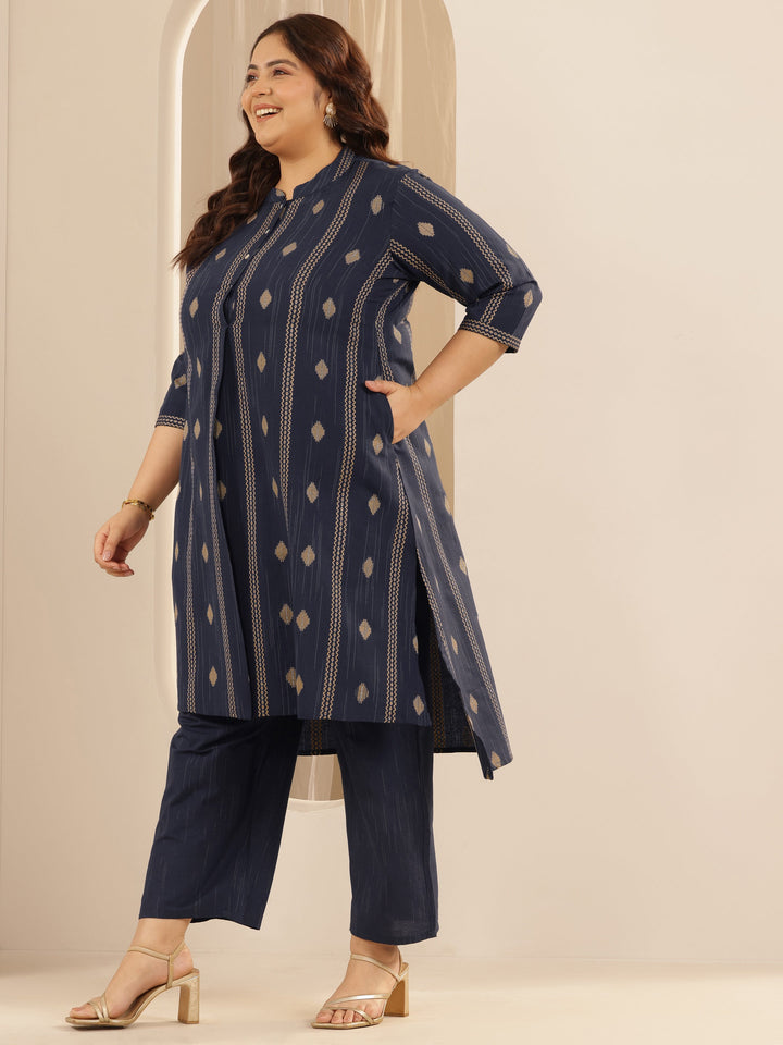 Plus Size Blue Woven Design Cotton Blend Straight Kurta Set