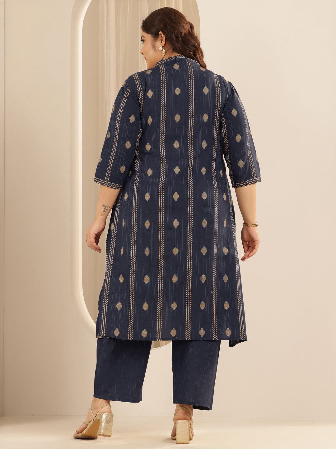Plus Size Blue Woven Design Cotton Blend Straight Kurta Set