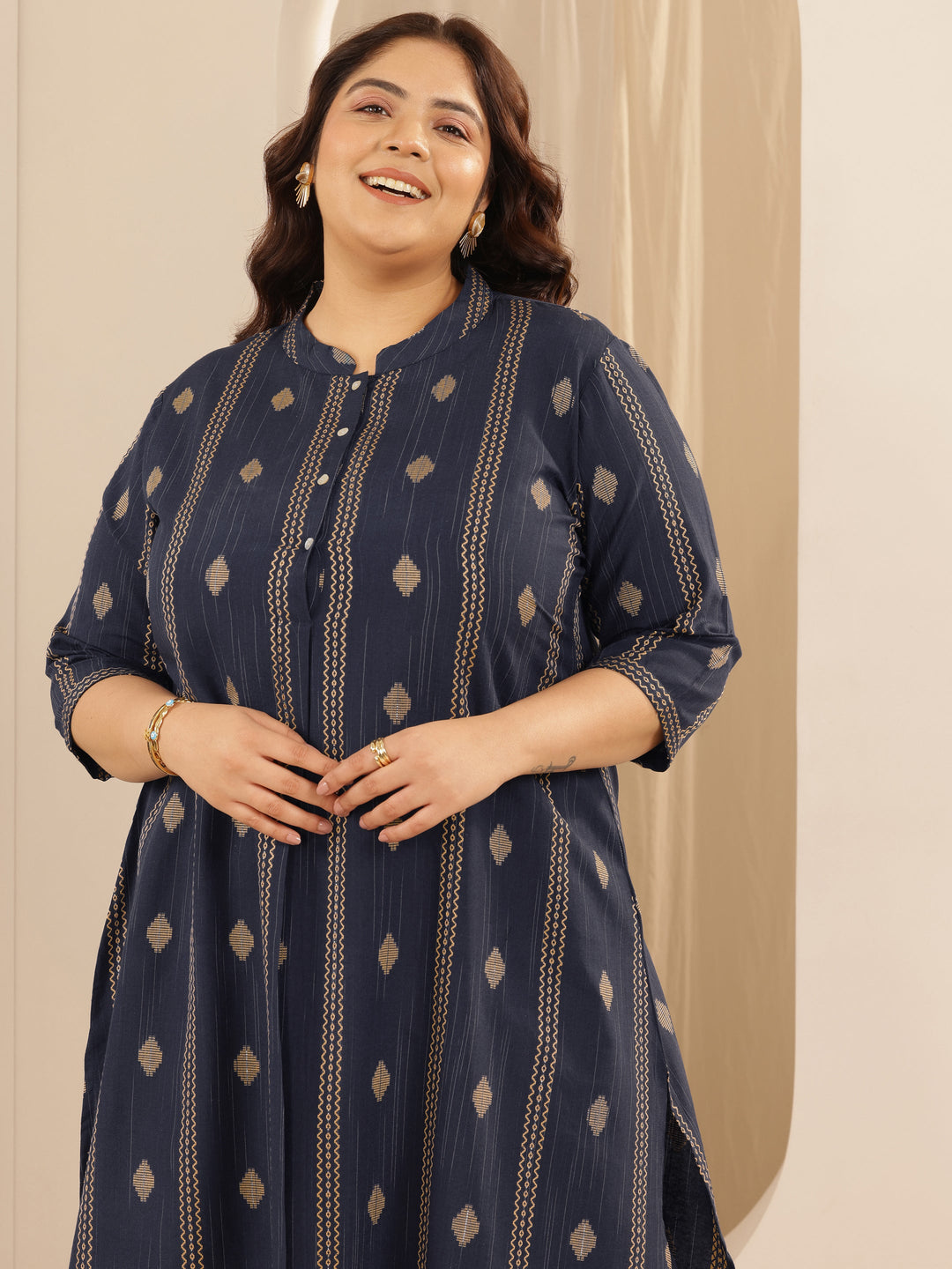 Plus Size Blue Woven Design Cotton Blend Straight Kurta Set