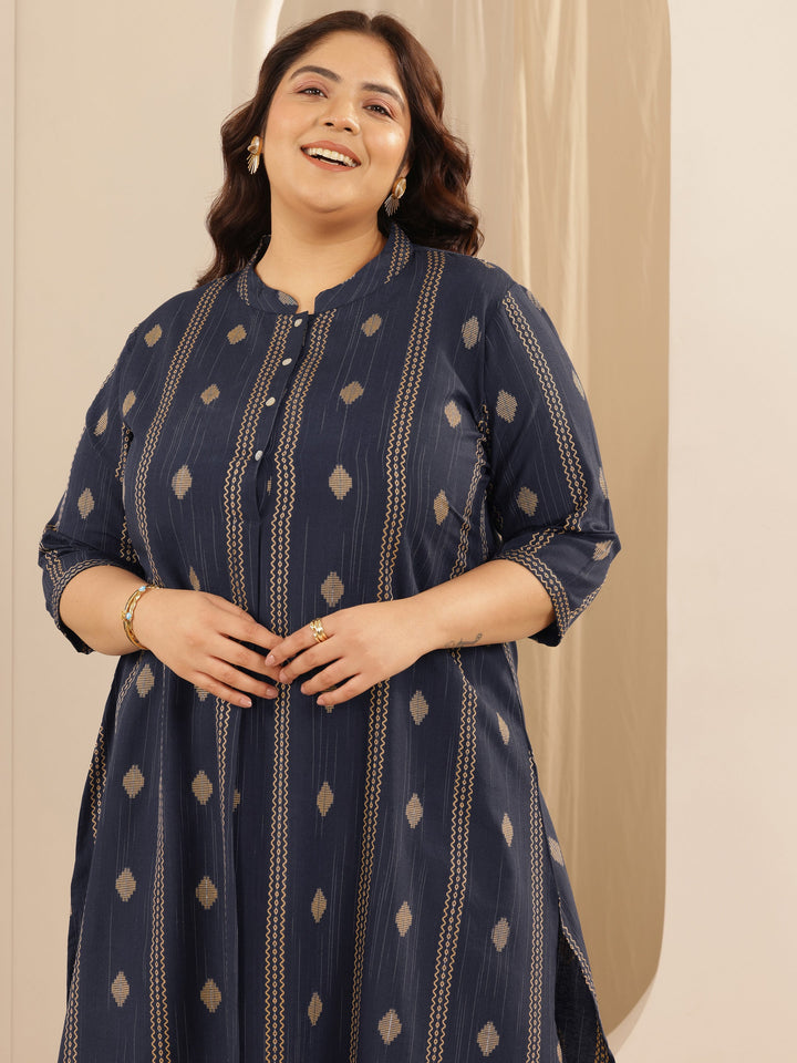 Plus Size Blue Woven Design Cotton Blend Straight Kurta Set