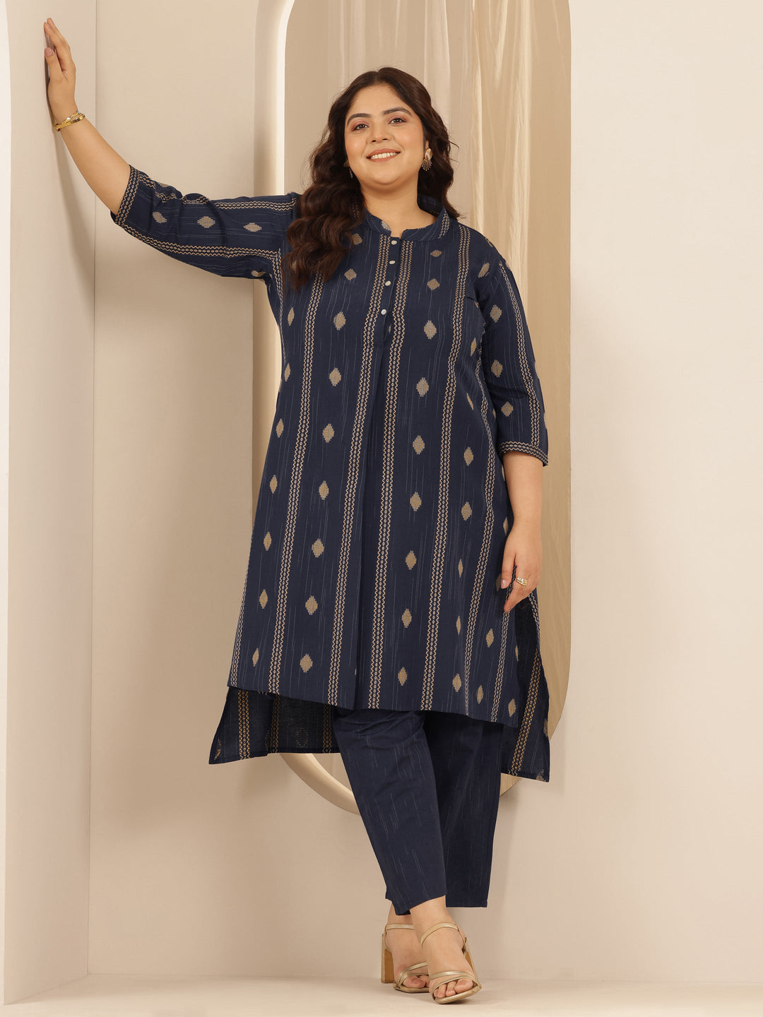 Plus Size Blue Woven Design Cotton Blend Straight Kurta Set
