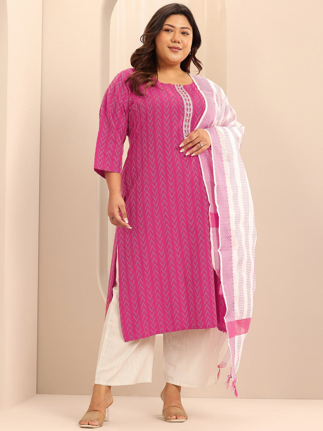 Plus Size Pink Woven Design Cotton Blend Straight Suit Set With Dupatta
