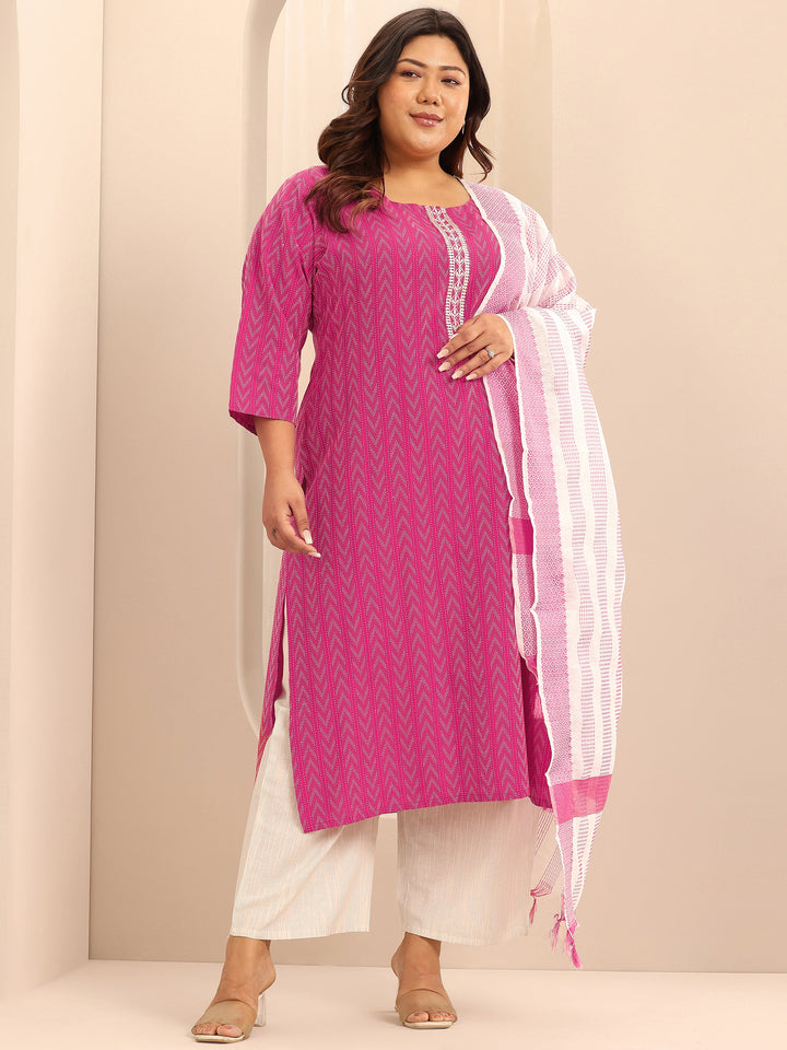 Plus Size Pink Woven Design Cotton Blend Straight Suit Set With Dupatta