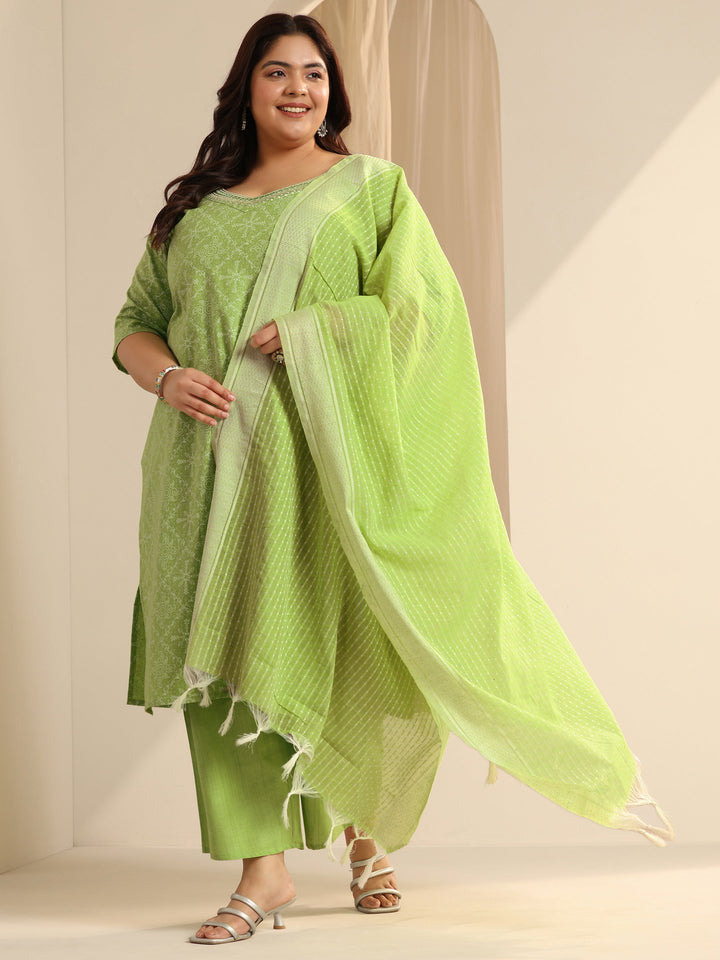 Green Printed Cotton Blend Straight Suit Set With Dupatta